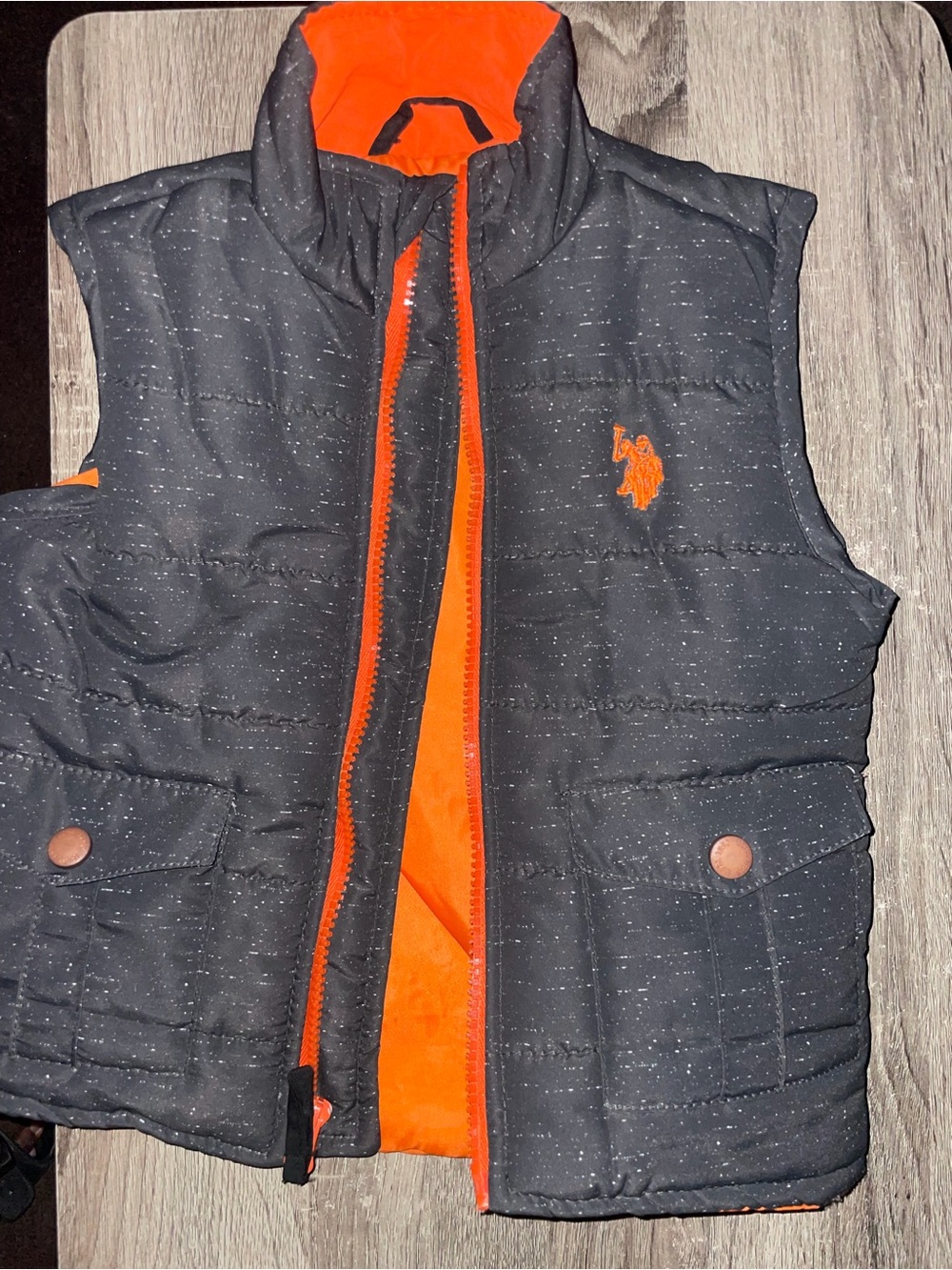 U.S. Polo Assn. Quilted Dark Gray Vest with Bright Orange Lining